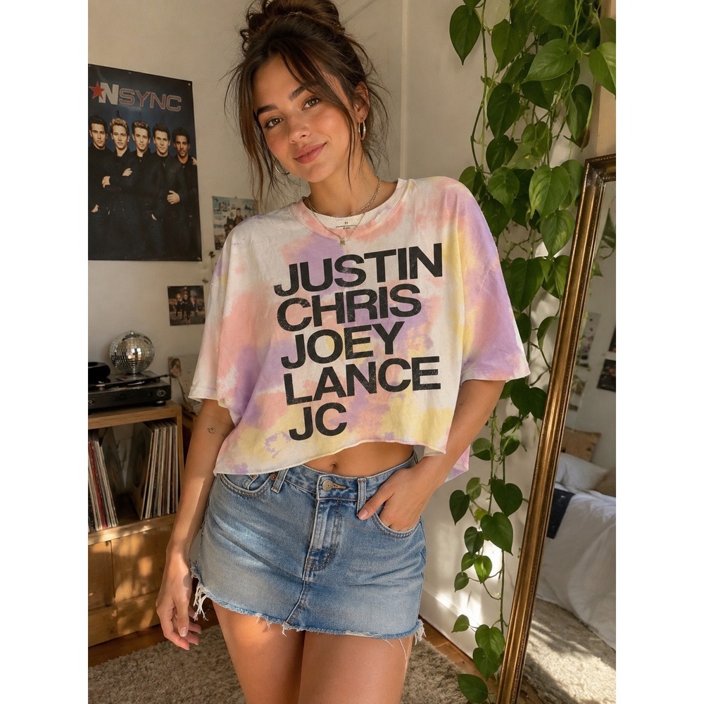 NSYNC Pastel Tie Dye Cropped Graphic T-Shirt Women's Medium Boy Band Y2K
